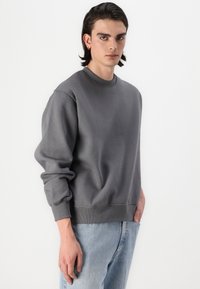 Felpa grigia con collo a giro, dalla texture morbida, con polsini e orlo ribattuti, abbinata a jeans azzurri chiari. Il modello si trova di fronte a uno sfondo bianco.