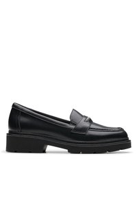 Schwarze Lederloafers mit runder Spitze, ausgestattet mit einem dekorativen Riemen und einer robusten Gummisohle für besseren Halt und Stabilität.