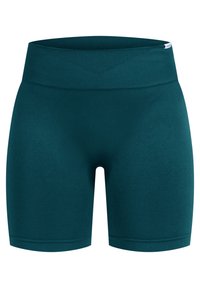 Shorts de sport bleu sarcelle avec une large ceinture côtelée, une texture lisse et une longueur mi-cuisse. Aucun motif ou accent visible.
