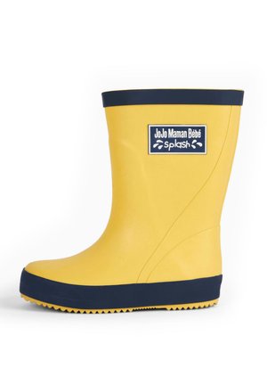 Gelbe Gummistiefel mit navyblauem Fußteil und Besatz. Verfügt über eine strukturierte Sohle für guten Halt und ein rechteckiges Etikett mit dem Markennamen.
