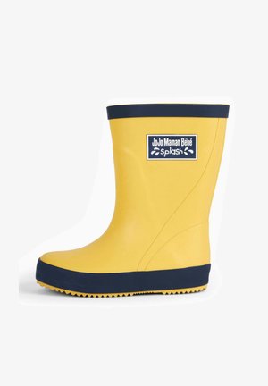 Stivale di gomma giallo con base e rifiniture blu navy. Presenta una suola testurizzata per migliorare la presa e un'etichetta rettangolare con il nome del marchio.