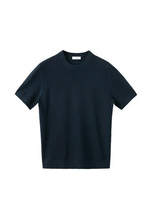 Short-sleeve, dark navy blue knit sweater with crew neckline, displayed on a plain white background.