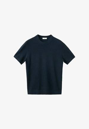 Pull en maille bleu marine foncé à manches courtes avec col rond, présenté sur un fond blanc uni.