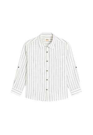 Hvid langærmet skjorte med knapper og blå lodrette striber, der har en brystlomme, rund krave og knapmanchetter. Lavet af letvægtsstof.