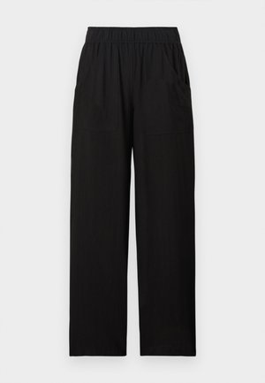 Schwarze Hose mit geradem Bein, elastischem Bund und vorderen aufgesetzten Taschen, für den Freizeitgebrauch entworfen.