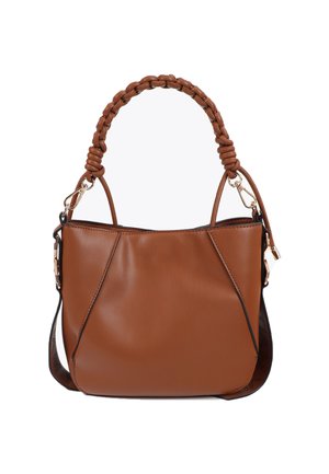 Brown leather handbag with a braided handle, smooth texture, gold hardware accents, and a rounded shape featuring distinct seam details.