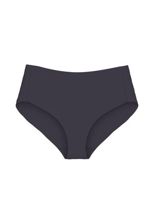 Schwarze, hoch taillierte Damen-Slips mit glatter Oberfläche, ohne sichtbare Muster oder Verzierungen, flach liegend auf weißem Hintergrund dargestellt.