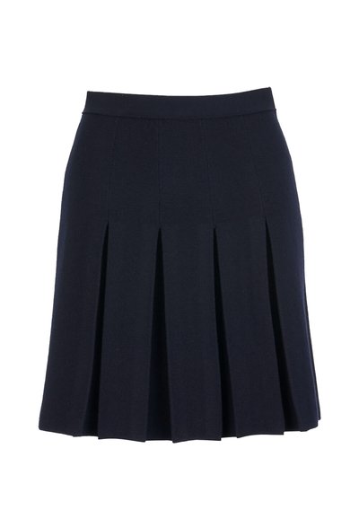 Granatowa plisowana spódnica z szerokim pasem i pionowymi przeszywanymi panelami, długość do kolan, na białym tle.