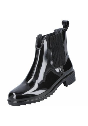 Sort glansfuld ankelregnstøvle med elastiske sidelommer, træk-flig bagpå og struktureret sål for greb.