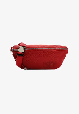 Red textured fabric waist bag with black zipper and adjustable strap featuring a silver buckle, embossed with faint letters "SFY" on front.
