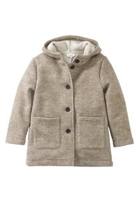 Bruin wollen blend jas met een capuchon, knoopsluiting aan de voorkant, twee voorzakken en een zachte binnenvoering. Textuur en warm ontwerp.