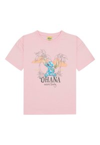 Camiseta de algodón rosa con un gráfico de un personaje azul y palmeras. El texto dice "'OHANA significa familia" en negro. Mangas cortas, cuello redondo.
