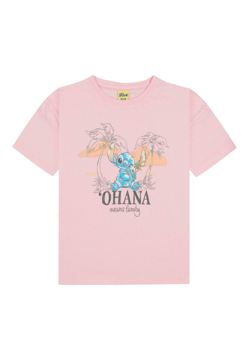 Camiseta de algodón rosa con un gráfico de un personaje azul y palmeras. El texto dice "'OHANA significa familia" en negro. Mangas cortas, cuello redondo.
