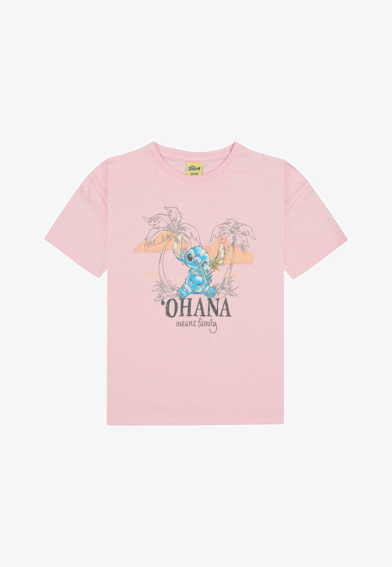 Camiseta de algodón rosa con un gráfico de un personaje azul y palmeras. El texto dice "'OHANA significa familia" en negro. Mangas cortas, cuello redondo.