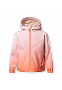 Veste à capuche légère avec un dégradé allant du rose au corail, texture lisse, fermeture éclair frontale complète et poignets élastiques pour un ajustement snug.