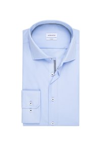  Lichtblauw overhemd met een klassieke kraag, enkele knoopmanchetten en een contrasterende, gepatterneerde binnenkraag. Gemaakt van een zachte stof.