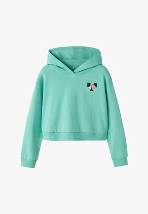 Sudadera corta verde menta con capucha ajustable, con un pequeño gráfico de corazón multicolor en el pecho y puños acanalados. Material de mezcla de algodón.