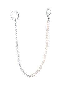 Silverkedja med en rund ring och en hummerklämma, med en rad små, runda, rosa pärlor fästa på ena sidan.
