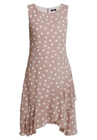 Ärmelloses beiges Kleid mit weißen Punkten, das einen rüschengesäumten Saum und einen Reißverschluss auf der Rückseite hat. Hergestellt aus einem leichten Stoff.