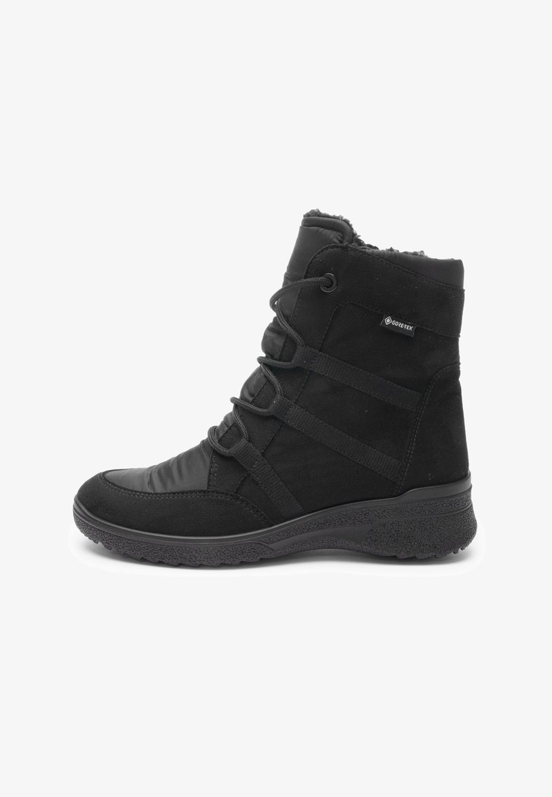 Botte d'hiver noire mi-mollet avec étiquette Gore-Tex, devant à lacets, semelle texturée et doublure isolante.