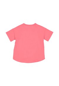 Korte mouwen T-shirt in effen roze katoen, ronde hals, relaxte pasvorm, afgeronde zoom, geen zichtbare patronen of hardware. Achteraanzicht.