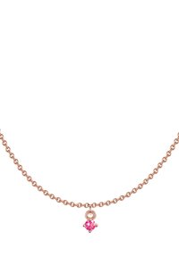 Roséguld kedja med ett litet hänge av rosa ädelsten. Kedjans design är länkad, vilket skapar en delikat textur.