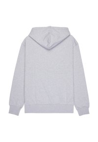 Sudadera con capucha gris de manga larga, hecha de material suave, con puños y dobladillo acanalados, y una textura simple y suave.
