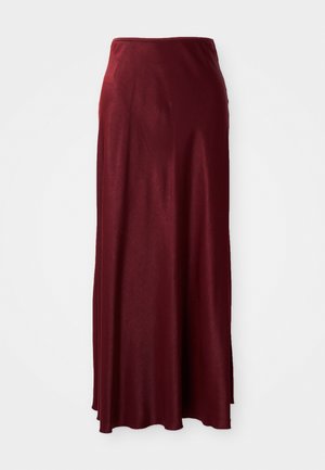 Burgundy, long maxi skirt made of smooth, lightweight material with a slight sheen. Features a fitted waistband and flowing design.