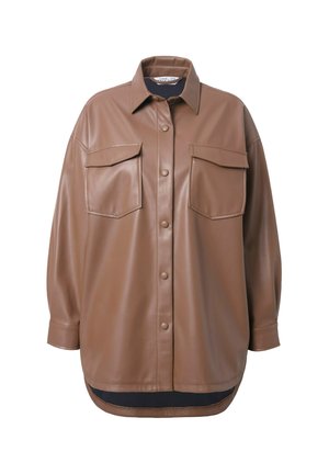 Brown faux leather shirt jacket with two chest pockets, button front closure, and a rounded hem. Features a relaxed fit and long sleeves.