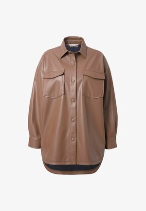 Brown faux leather shirt jacket with two chest pockets, button front closure, and a rounded hem. Features a relaxed fit and long sleeves.