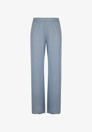 Pantalons larges bleu clair en tissu doux et respirant. Comprend une taille élastique pour plus de confort. Couleur unie sans motifs.