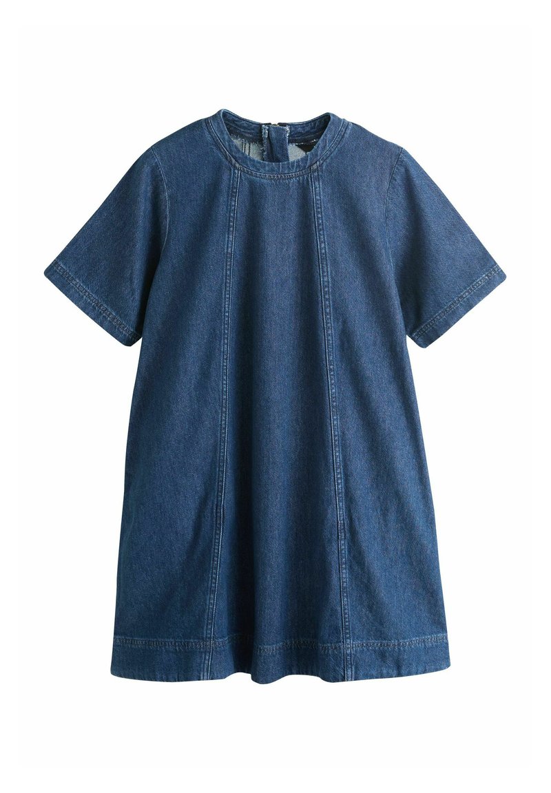 Rochie din denim albastru închis cu mâneci scurte, decolteu rotund și accente de cusături verticale. Croială dreaptă, design casual și textură moale.