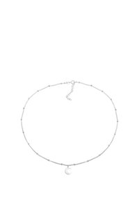 Silver chain necklace with small round beads and a crescent moon pendant, featuring an adjustable clasp for varying lengths.