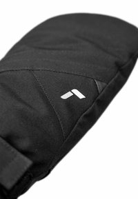 Schwarze, isolierte Fäustlinge aus Stoff mit einer strukturierten Oberfläche. Mit einem weißen Logo-Akzent und sichtbarem Stichmuster im Handbereich.