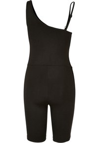 Svart étterskuldret jumpsuit laget av myk stretch-stoff, med en tettsittende design og shorts til midten av låret for en strømlinjeformet silhuett.