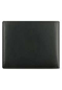 Portefeuille en cuir noir avec une texture lisse, de forme rectangulaire et aux bords arrondis. Présente une couture précise tout autour.