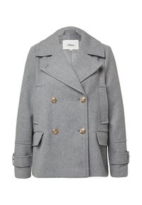Manteau gris en tissu texturé avec un devant à double boutonnage orné de boutons dorés, de grands revers et des poches latérales avec rabats.