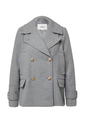 Grijze peacoat van textuurstof met een dubbelgeknoopt voorpand, goudkleurige knopen, grote revers en zijzakken met kleppen.