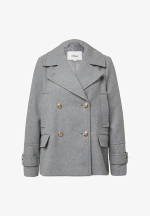 Harmaat peacoat, joka on valmistettu teksturoidusta kankaasta, sisältää kaksirivisen edustan, jossa on kultasävyiset napit, suuret kaulukset ja sivutaskut läpillä.