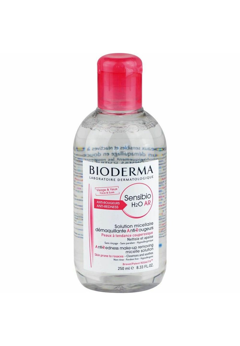 Bioderma Sensibio H2O AR, 250ml heldere vloeistof in een transparante fles met een roze dop en label, bevat tekst over een micellaire oplossing tegen roodheid.