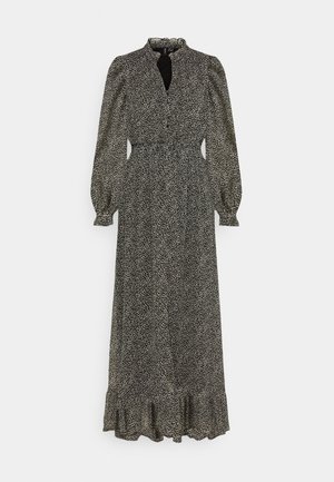 Lang sort kjole med hvidt prikmønster, høj hals, puffede lange ærmer, tætsiddende talje og flæsekanter i kanten. Blød stoftekstur.