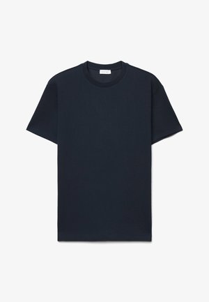 T-shirt à manches courtes bleu marine uni avec un col rond, présenté à plat sur un fond blanc.