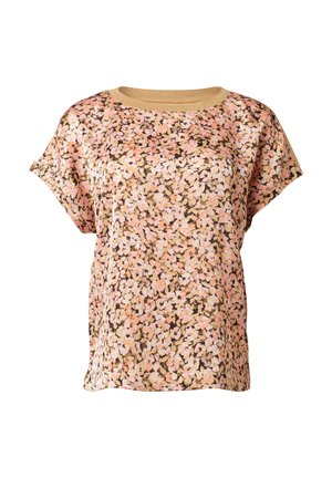 Kurzärmliges Oberteil aus weichem Stoff mit einem floralen Muster in Pink, Pfirsich und Braun. Runder Ausschnitt mit goldfarbenem Akzentbesatz.