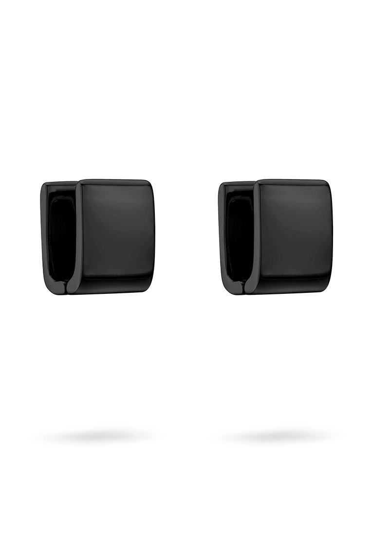 Schwarze quadratische Steckerohrringe mit glatter, glänzender Oberfläche. Einfaches Design mit abgerundeten Kanten und sicherem Stecker.