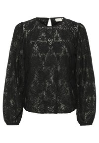 Blouse en dentelle noire avec de longues manches bouffantes, col rond et un détail en forme de trou de serrure au dos, ornée de motifs floraux.