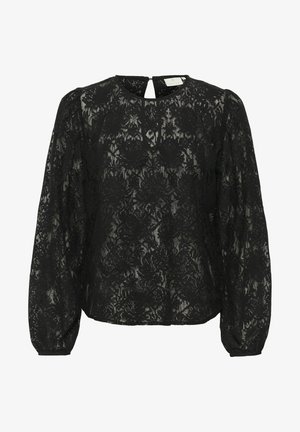 Bluză din dantelă neagră, cu mâneci lungi, puff, guler rotund și detaliu cu oval în spate, decorată cu modele florale.