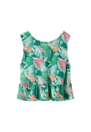 Bezrukávový crop top s volánikovým lemom, s tropickou potlačou zelených, ružových a žltých listov a kvetov na tkanine.