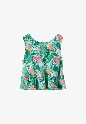 Bezrukávový crop top s volánikovým lemom, s tropickou potlačou zelených, ružových a žltých listov a kvetov na tkanine.