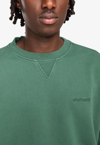 Grüner Sweatshirt mit geripptem Ausschnitt und Struktur. Verfügt über ein gesticktes Logo auf der Vorderseite, das ein einfaches Design zeigt.