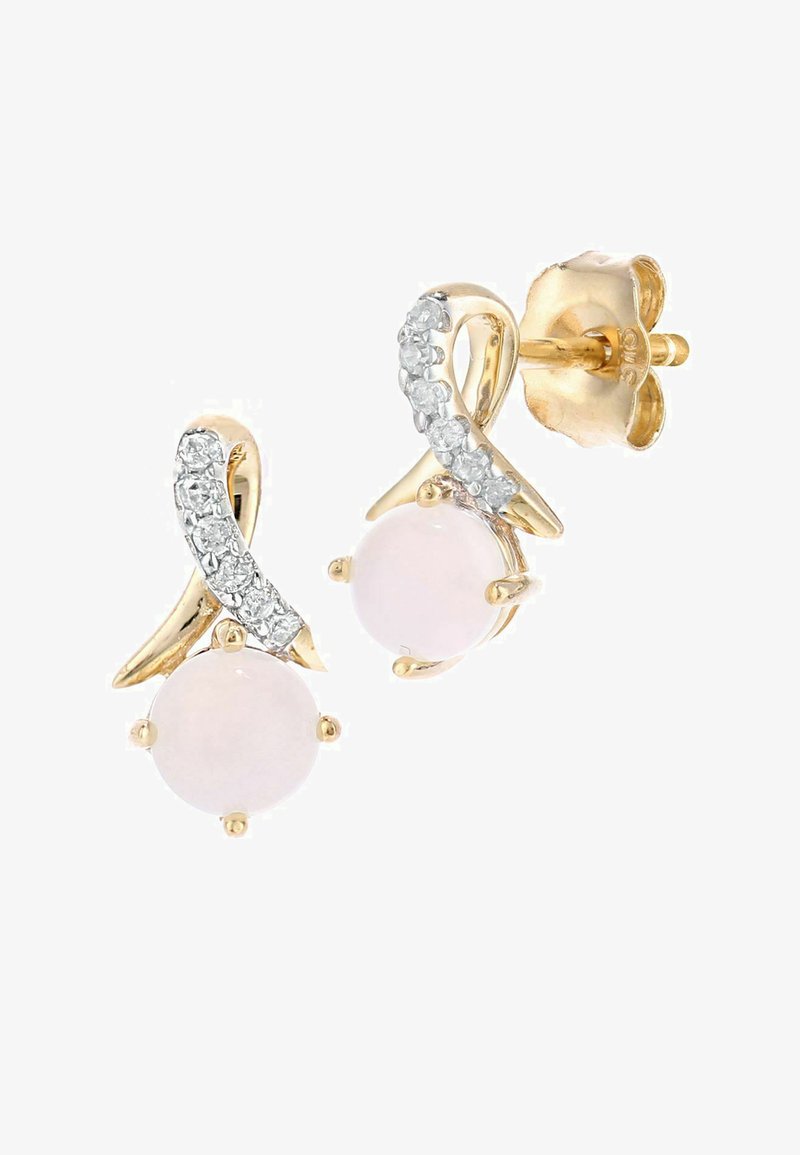 Zlato-tonirani uhani s središčem iz rožnatega kamna, okrašeni z majhnimi prozornimi kristali ob zavitem dizajnu. Varnostno zapiranje s podaljškom.
